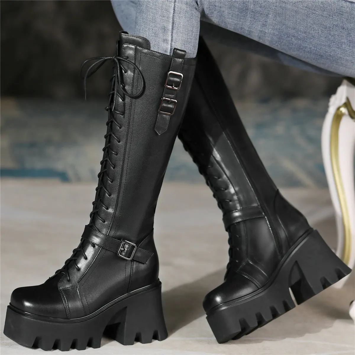 

Thigh High Creepers Women Genuine Leather Chunky High Heels Motorcycle Boots Female Lace Up Round Toe Platform Pumps Casual Shoe