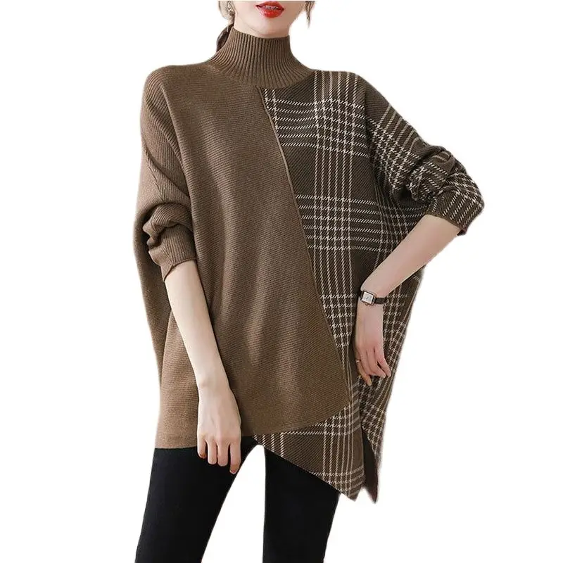 

Lattice Splicing Mid-Length Sweater Female New Autumn Winter Fashion High Collar Hedging Loose Ladies Wear Sweaters Outside