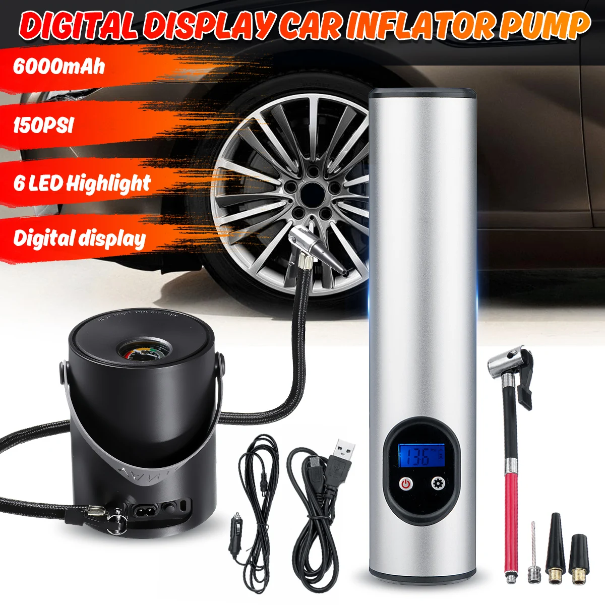 12V 150PSI 6000mAh Wireless Electric Air Pump Mini Tires Inflator USB Charging Bike Bicycle Cycling Motorcycle With LED Light
12V 150PSI 6000mAh Wireless Electric Air Pump Mini Tires Inflator USB Charging Bike Bicycle Cycling Motorcycle With LED Light
