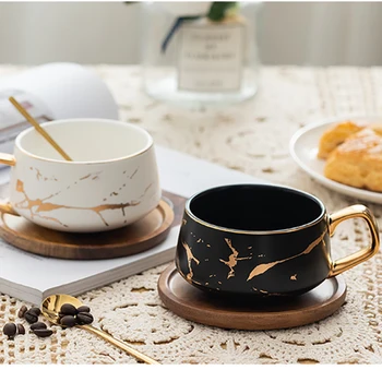 Luxury Matte Marble Gold Pattern Coffee Cup and Saucer Set Home Afternoon Tea Cup with Wooden Saucer Black and White Couple Mug