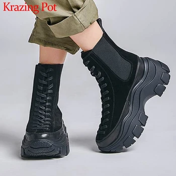 Krazing Pot non-slip thick bottom fashion soft cow suede round toe lace up waterproof winter warm women black ankle boots L11
Krazing Pot non-slip thick bottom fashion soft cow suede round toe lace up waterproof winter warm women black ankle boots L11