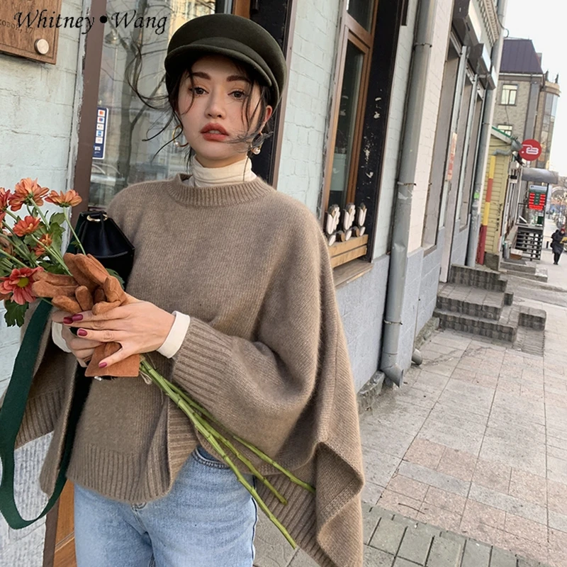 

WHITNEY WANG 2019 Autumn Winter Fashion Streetwear Cloak Sweater Women Shawl Pullover Jumper sueter mujer invierno