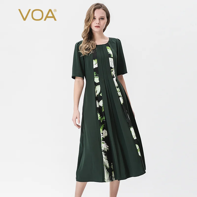 VOA Dark Green Heavy Silk Printed Stitching Crewneck Middle Sleeve Waist Micro-elastic Big Swing dress A10285
VOA Dark Green Heavy Silk Printed Stitching Crewneck Middle Sleeve Waist Micro-elastic Big Swing dress A10285