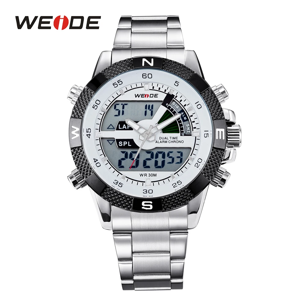 

WEIDE Military Mens Sports Auto Date Alarm Back Light Stopwatch Multiple Time Zone Quartz Steel Strap Analog Digital Wrist Watch
