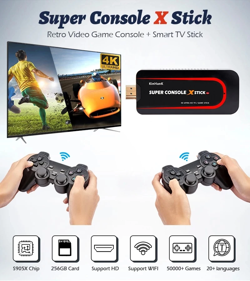 

New Super Console X STICK Retro Game Console For PS1/N64/DC 50000+ Games 4K HD TV Cable Box Portable Video Game Players Wirelsss