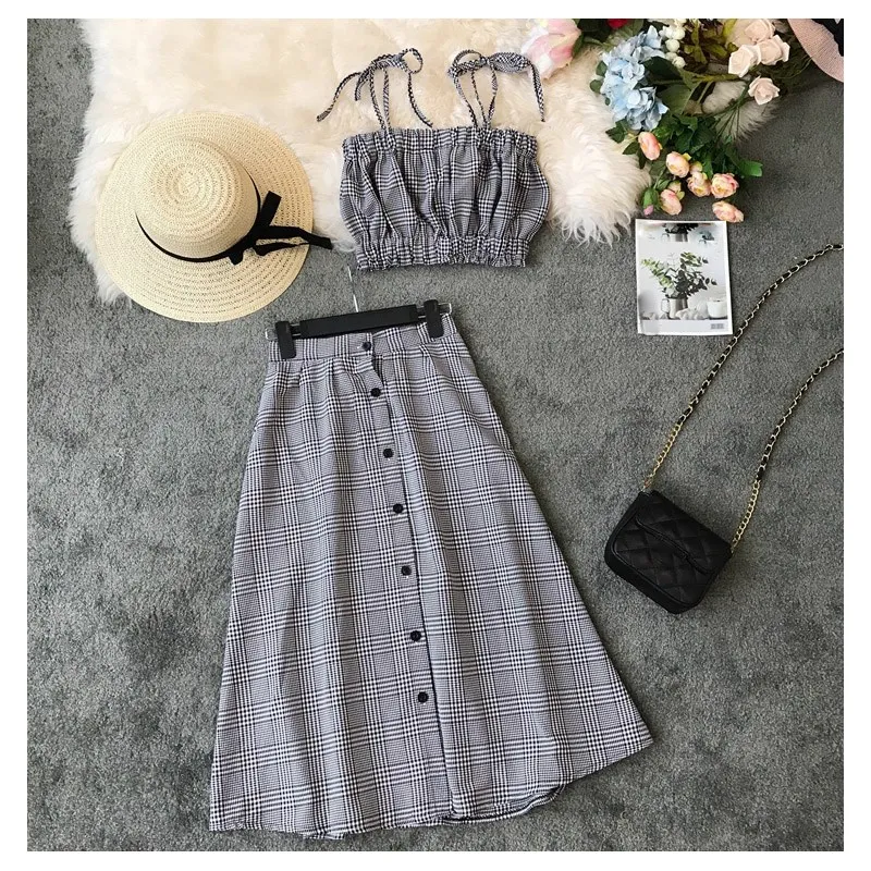 Pop Tide Nice Fashion Women Lace Up Plaid Two Piece Sets Slim Button Spaghetti Strap Tops A-Line Skirts
Pop Tide Nice Fashion Women Lace Up Plaid Two Piece Sets Slim Button Spaghetti Strap Tops A-Line Skirts