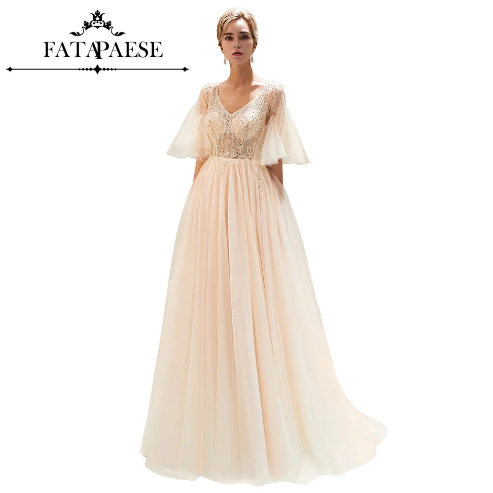Real Photo A Line Evening Dress 2019 V Neck Beaded Party Dress Flare Sleeve Side Slit Formal Dress Floor Length Evening Gown 
Real Photo A Line Evening Dress 2019 V Neck Beaded Party Dress Flare Sleeve Side Slit Formal Dress Floor Length Evening Gown