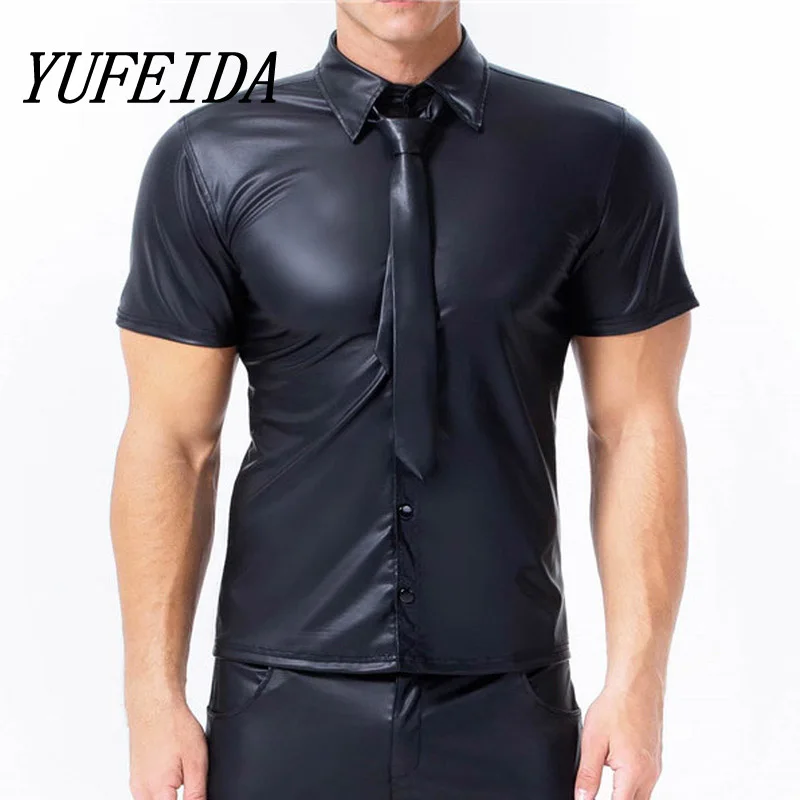 Men's Shirts PU Leather Button T Shirts Bodystocking Male Dance Stage Clubwear T-shirt Gay Streetwear Short Sleeve Tops Tee 3XL
Men's Shirts PU Leather Button T Shirts Bodystocking Male Dance Stage Clubwear T-shirt Gay Streetwear Short Sleeve Tops Tee 3XL