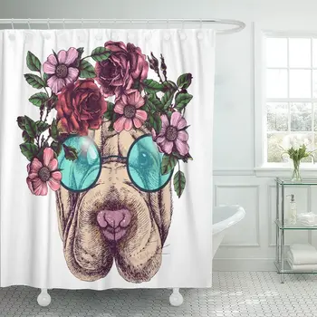 

Boho Hippie Sharpei in The Roses Wreath and Round Sunglasses Chic Dog Portrait for Your Glasses Shower Curtain Waterproof 72