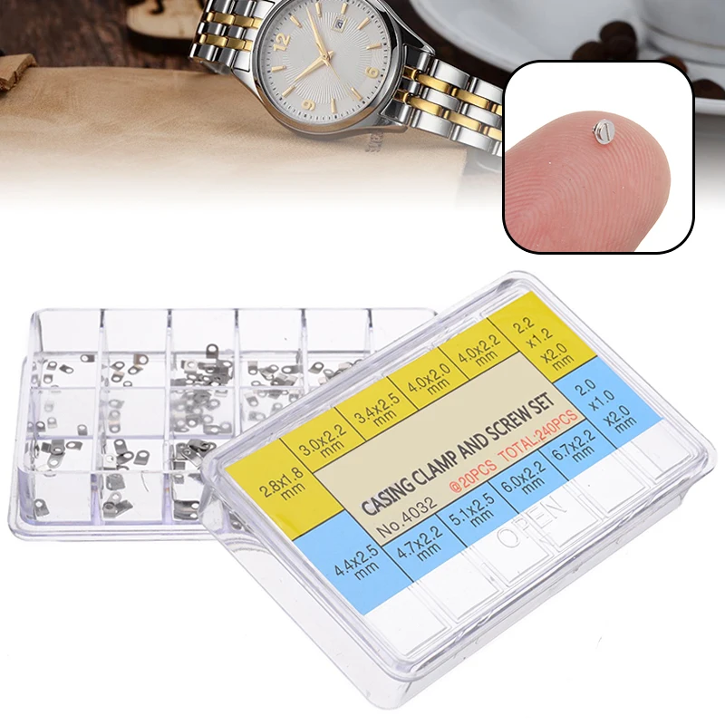 240Pcs/Set Watch Casing Clamp Screw Movement Adapter Securing Washer Repair Part Tools With Box For Watch Repair Tool Kits
240Pcs/Set Watch Casing Clamp Screw Movement Adapter Securing Washer Repair Part Tools With Box For Watch Repair Tool Kits
