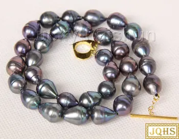 

luster 17" 14mm natural black rice freshwater pearls beads Strand knotted necklace filled gold clasp j9824