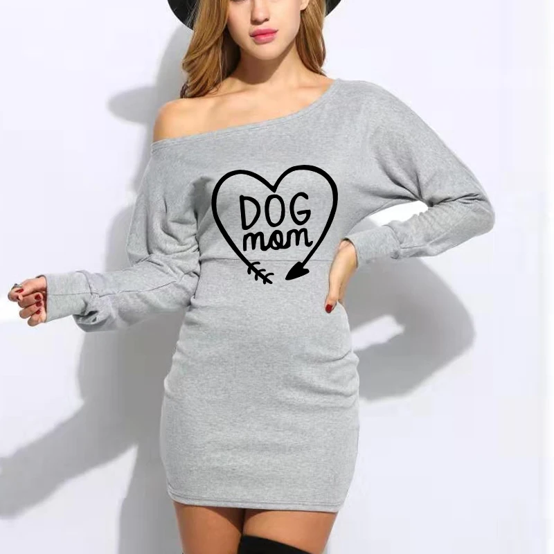 Женское платье с открытыми плечами винтажное принтом LOVE DOG MOM для офиса и подарка