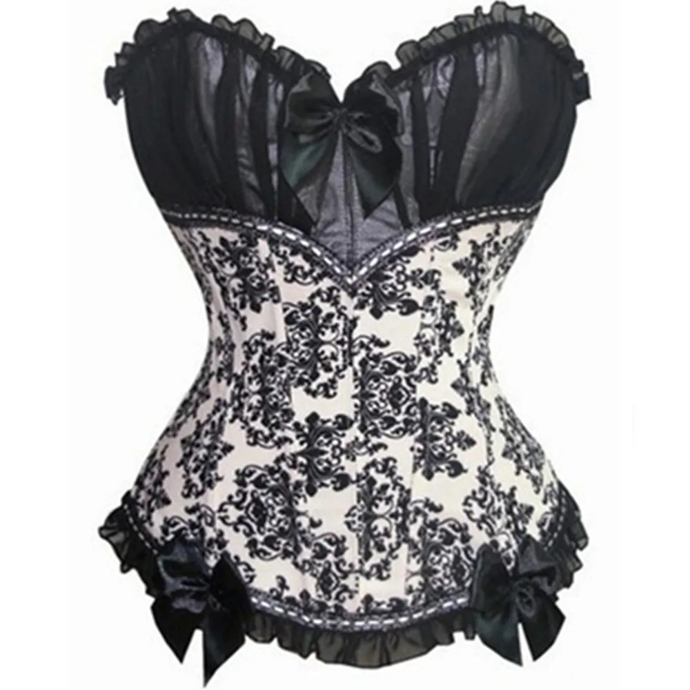 Sexy Floral Print Satin Lace Up Overbust Corset Bowknot Top Bustier Bodyshaper Lingerie Showgirl