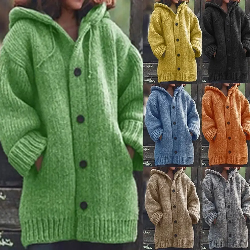 Women Knitted Sweater Coats 2020 Winter Warm Loose Hooded Sweater Solid Color Pockets Button Oversized Cardigan Casual Knittwear
Women Knitted Sweater Coats 2020 Winter Warm Loose Hooded Sweater Solid Color Pockets Button Oversized Cardigan Casual Knittwear