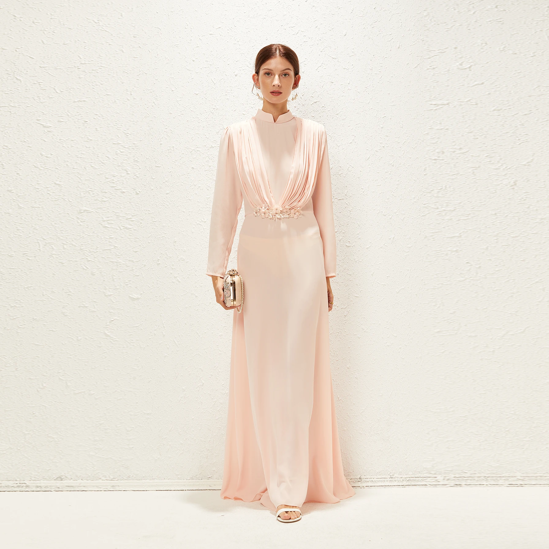 New Fashion Summer Elegant Double Thick Chiffon Pink Standing Collar Pleated Islamic Dress
New Fashion Summer Elegant Double Thick Chiffon Pink Standing Collar Pleated Islamic Dress