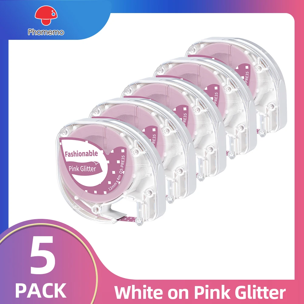 

5 Pack Phomemo 12mm x 4m White on Colorful Glitter Label Tape Compatible for Dymo Letratag Labeling Machine & P12 Label Maker