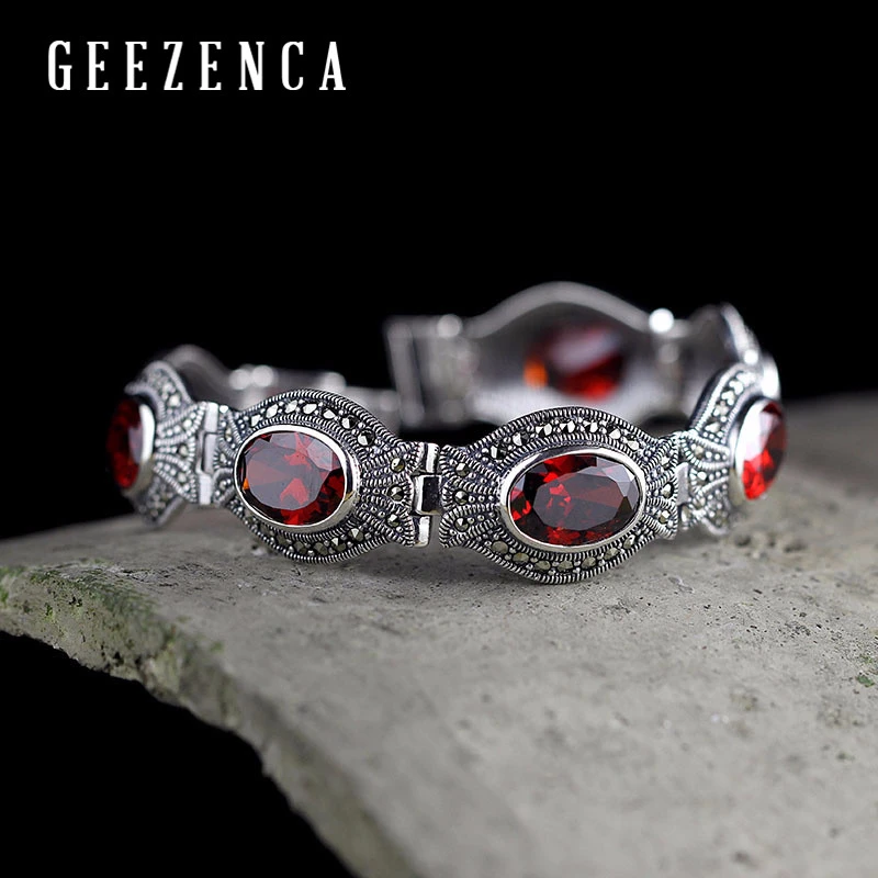 925 Sterling Silver Thai Red Garnet Gemstone Bracelets Ethnic Vintage Handmade Craft Women's Bracelet Fine Jewelry Gift Female
925 Sterling Silver Thai Red Garnet Gemstone Bracelets Ethnic Vintage Handmade Craft Women's Bracelet Fine Jewelry Gift Female
