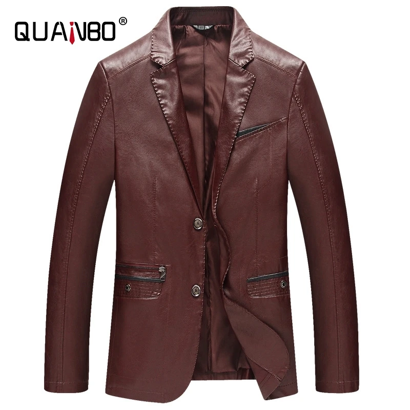 

QUANBO Fashion Casual Mens Leather Jacket New Spring Autumn Top Quality High imitation Suit Collar Sheep skin Thin Leather Coat