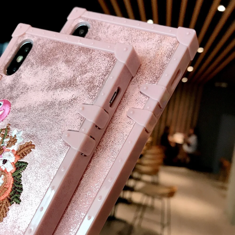 Cases For iPhone X Xs Max Xr Cover Girly 3D Pink Embroidery Flamingo Square (12)