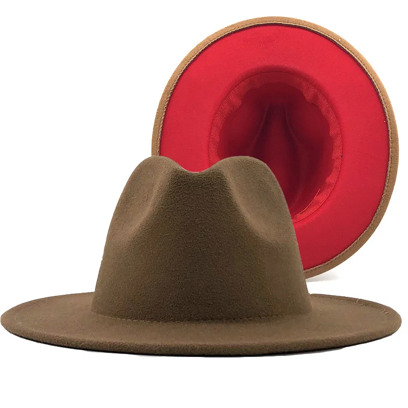 Outer khaki Hot Inner Red Wool Felt Jazz Fedora Hats with Thin Belt Buckle Men Women Wide Brim Panama Trilby Cap 56-58-60CM
Outer khaki Hot Inner Red Wool Felt Jazz Fedora Hats with Thin Belt Buckle Men Women Wide Brim Panama Trilby Cap 56-58-60CM