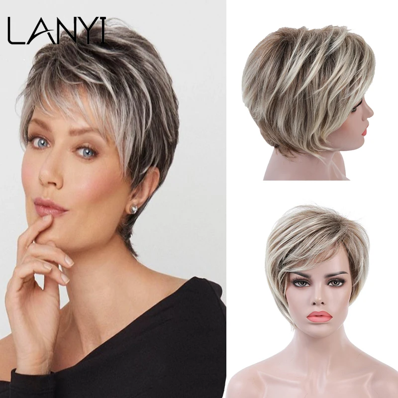 Lanyi شعر مستعار صناعي قصير 6 بوصات شعر أشقر مختلط شعر مجعد طبيعي مع هامش مقاوم للحرارة للنساء Zawem