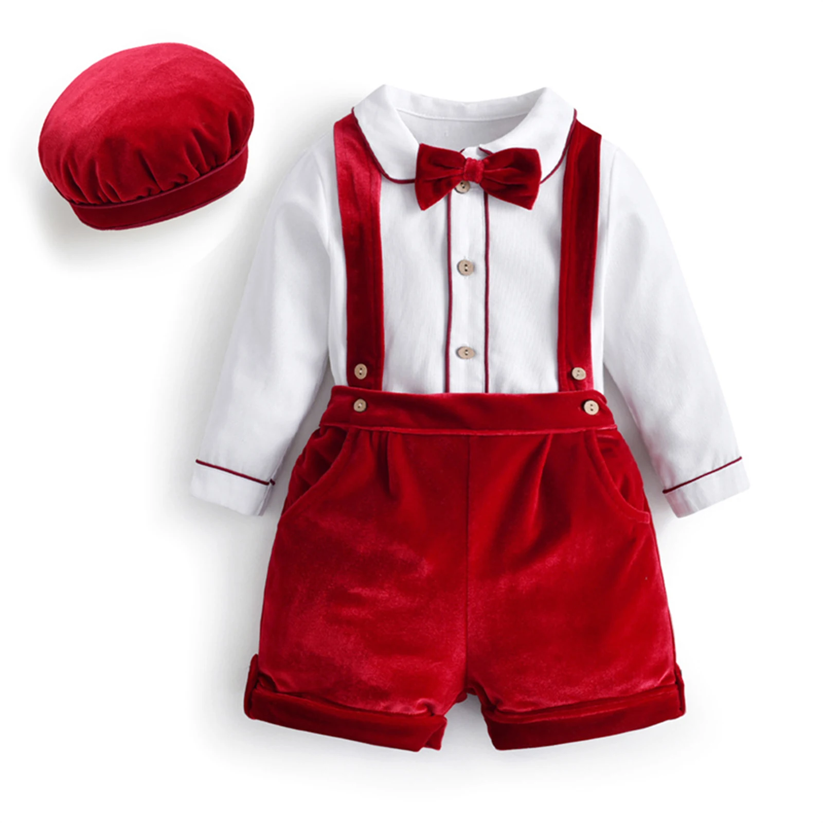 2Pcs Baby Boys Cute Velvet Outfit Button Down Shirt with Bow Elastic Velvet Suspender Shorts Velvet Hat for Party Festival
2Pcs Baby Boys Cute Velvet Outfit Button Down Shirt with Bow Elastic Velvet Suspender Shorts Velvet Hat for Party Festival