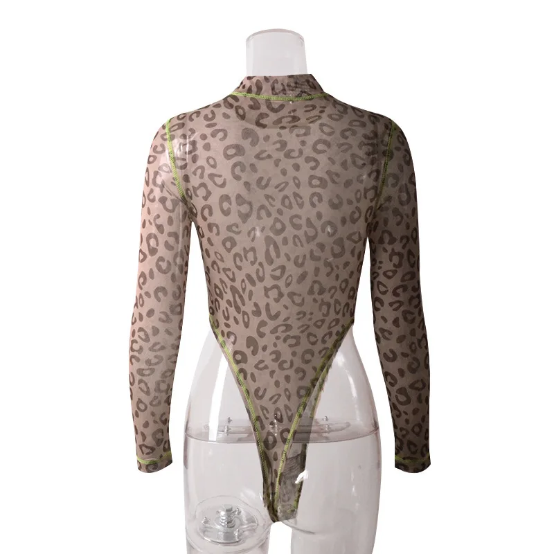 New Leopard Bodysuit Women Sexy High Cut Leotard Thong Clubwear Skinny Body Suit Long Sleeve Playsuit Printed Romper Jumpsuits