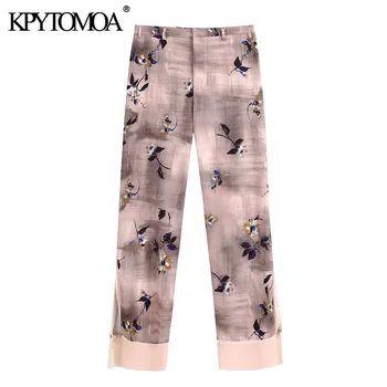 

KPYTOMOA Women 2020 Chic Fashion Frayed Trim Printed Pants Vintage Elastic Waist Buttons Fly Female Trousers Pantalones Mujer