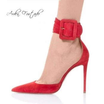 Arden Furtado 여름 패션 여성 신발 Stilettos Heels 섹시한 샌들 클래식 우아한 버클 스트랩 레드 스웨이드 샌들 44 45