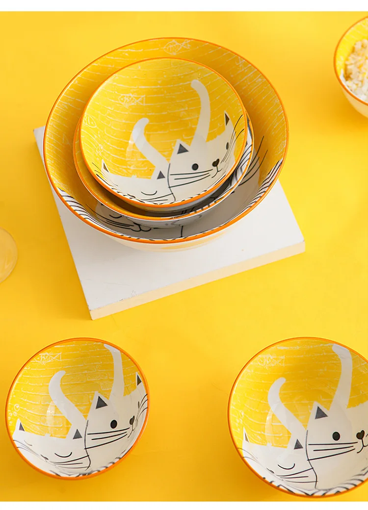 premium japanese style cat design ceramic set dinner bowl plate set