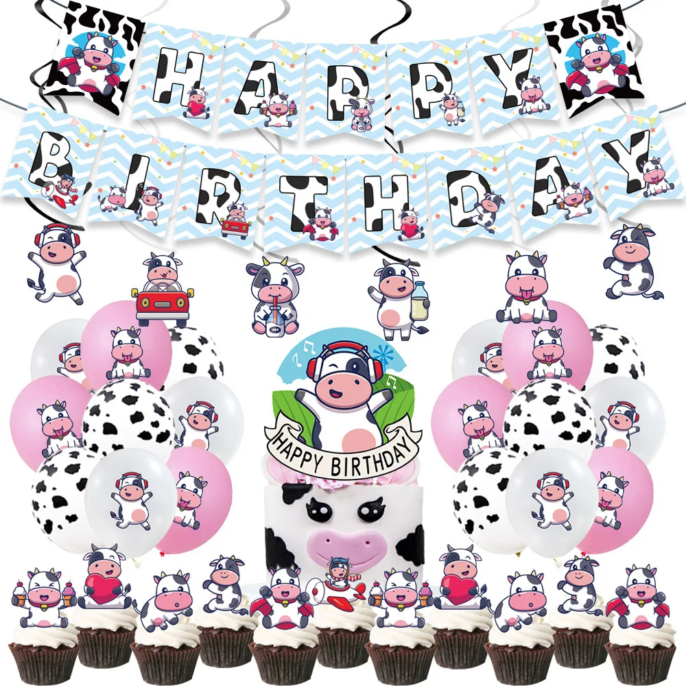 

Farm Cow Theme Birthday Party Animal Cow Banners Cake topper Balloons Set Baby Shower Wedding Decoration Kids Favors