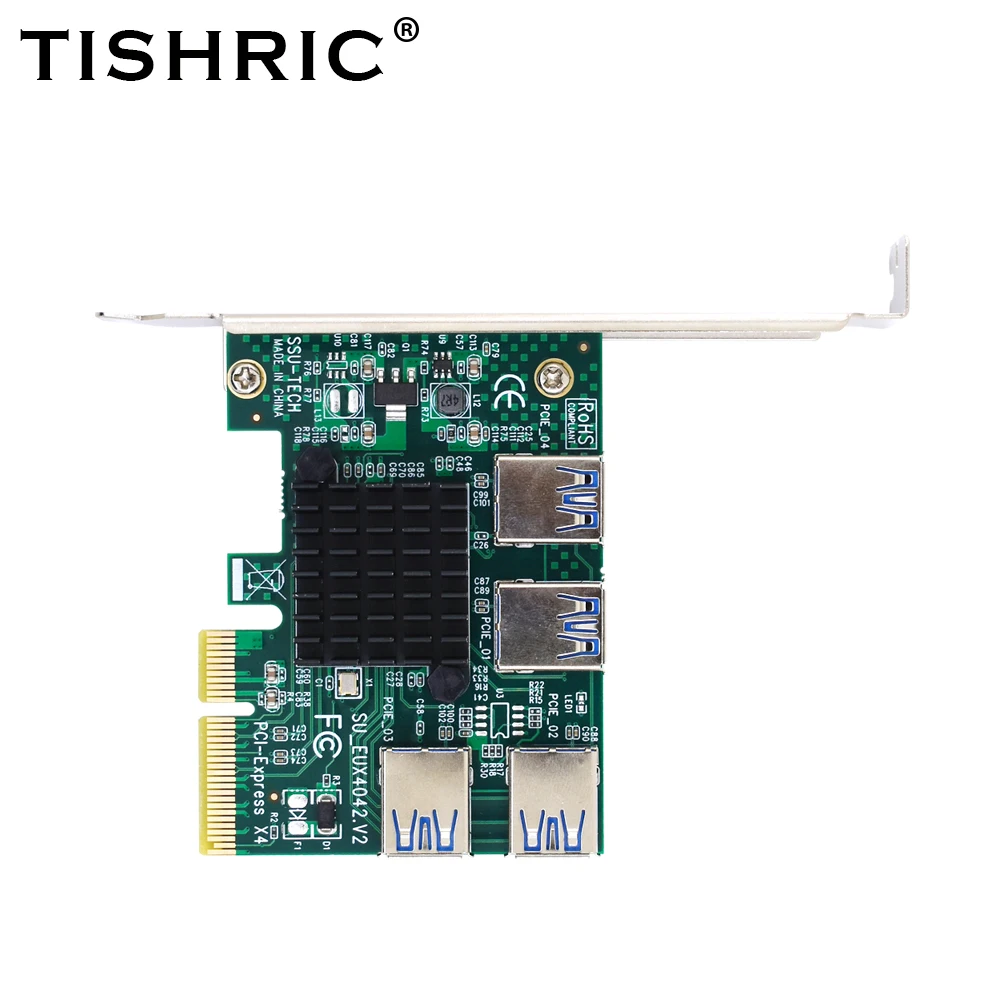 

TISHRIC PCIE Splitter 4X To 4 Port Multiplier Hub USB 3.0 Expansion Card Riser PCI Express 4X 16X For BTC ETH Mining Miner