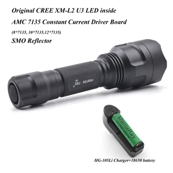 

C8 Black CREE XM-L2 U3 LED Flashlight Torch,with HG-105Li Single Battery Charger,3.7v 3000mah 18650 Rechargeable Battery