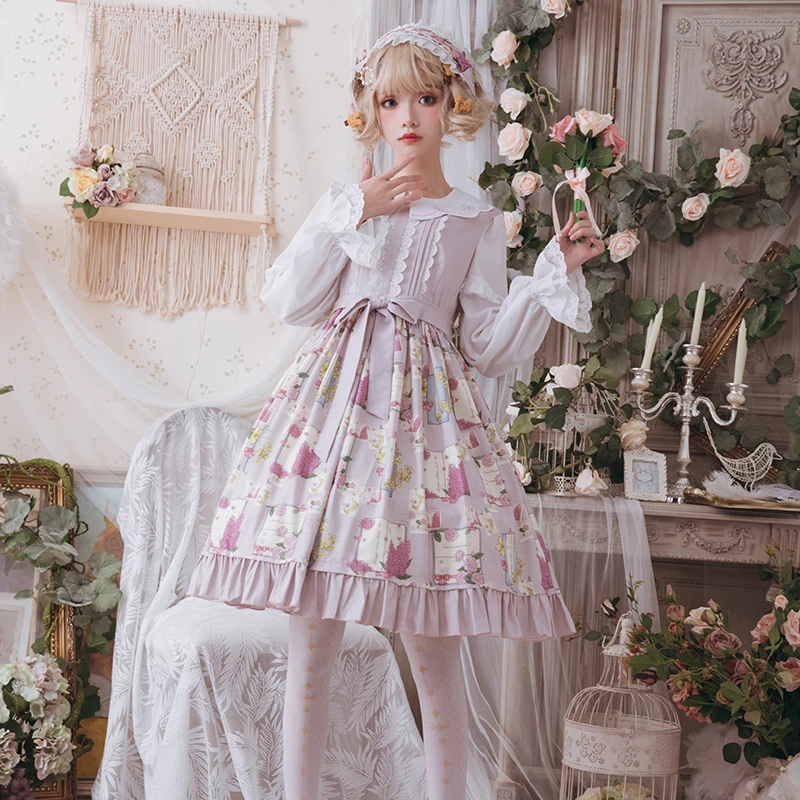 

Japanese sweet lolita dress vintage lace bowknot cute printing princess victorian dress kawaii girl gothic lolita jsk loli cos