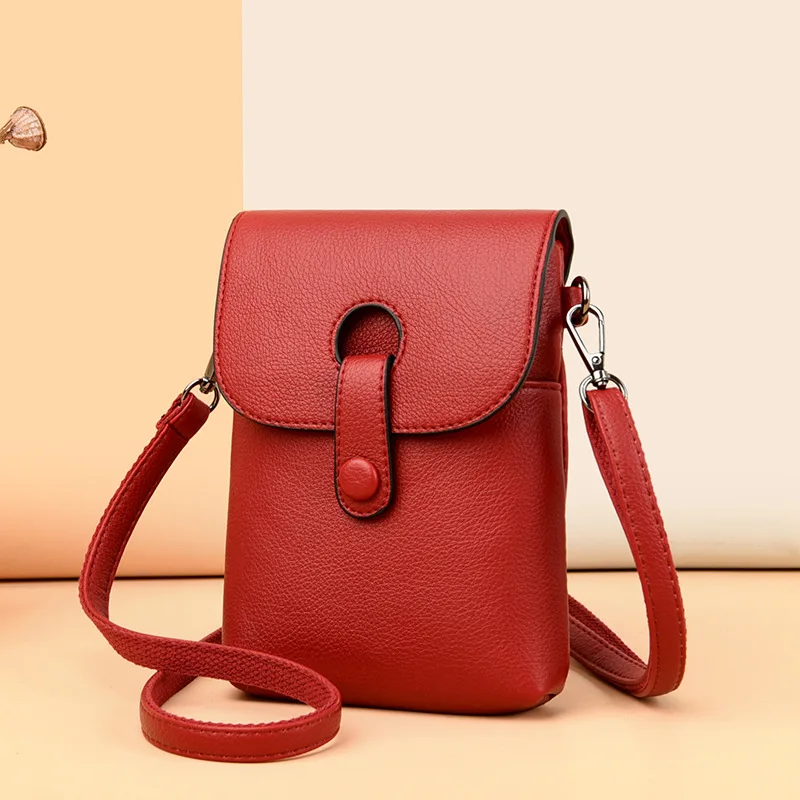 

New Women Purses Solid Color Leather Summer Bag Shoulder Strap Mobile Phone Bag Card Holders Wallet Handbag Pockets For Lady