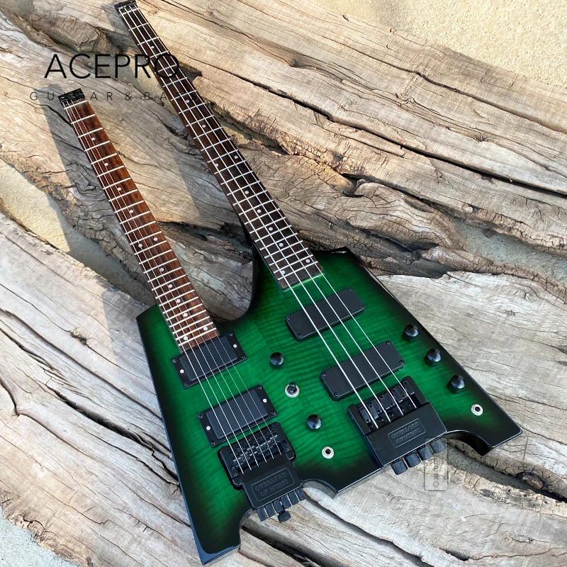 Double Neck Headless Electric Guitar Green Burst Flamed Maple Tremolo 6 String Guitar + 4 String Bass Combo Black Hardware
Double Neck Headless Electric Guitar Green Burst Flamed Maple Tremolo 6 String Guitar + 4 String Bass Combo Black Hardware