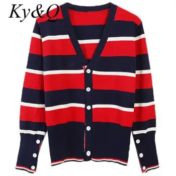 Europe Style 2019 Autumn Winter New Women's Red Black Striped Stitching Long-sleeved Side Buckle Loose Knit Cardigan Sweater 
Europe Style 2019 Autumn Winter New Women's Red Black Striped Stitching Long-sleeved Side Buckle Loose Knit Cardigan Sweater