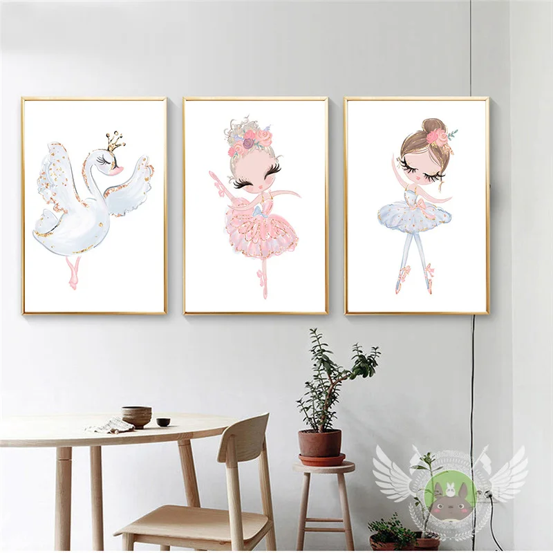 

3 Pcs Cute Cartoon Ballet Dancing Girl Posters Pictures Canvas Wall Art Decorative Home Decor Paintings Living Room Decoration