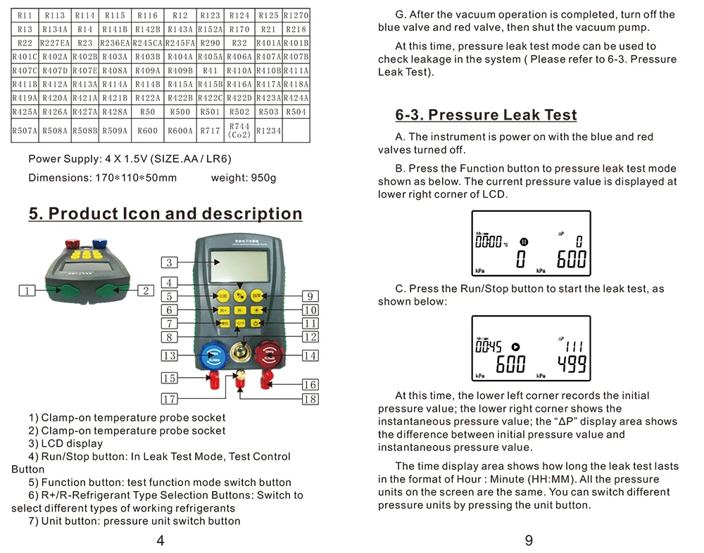DUOYI Refrigeration Digital Manifold Pressure Gauge Set Vacuum Pressure Meter Testing HVAC Temperature Tester DY517 PK TESTO 550