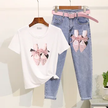 Fashion Summer 2 Piece Set Women Beading Sequins Shoes T-shirt + High waist Denim Pants 2pc Casual Jeans Tee Shirt Femme Outfits
Fashion Summer 2 Piece Set Women Beading Sequins Shoes T-shirt + High waist Denim Pants 2pc Casual Jeans Tee Shirt Femme Outfits