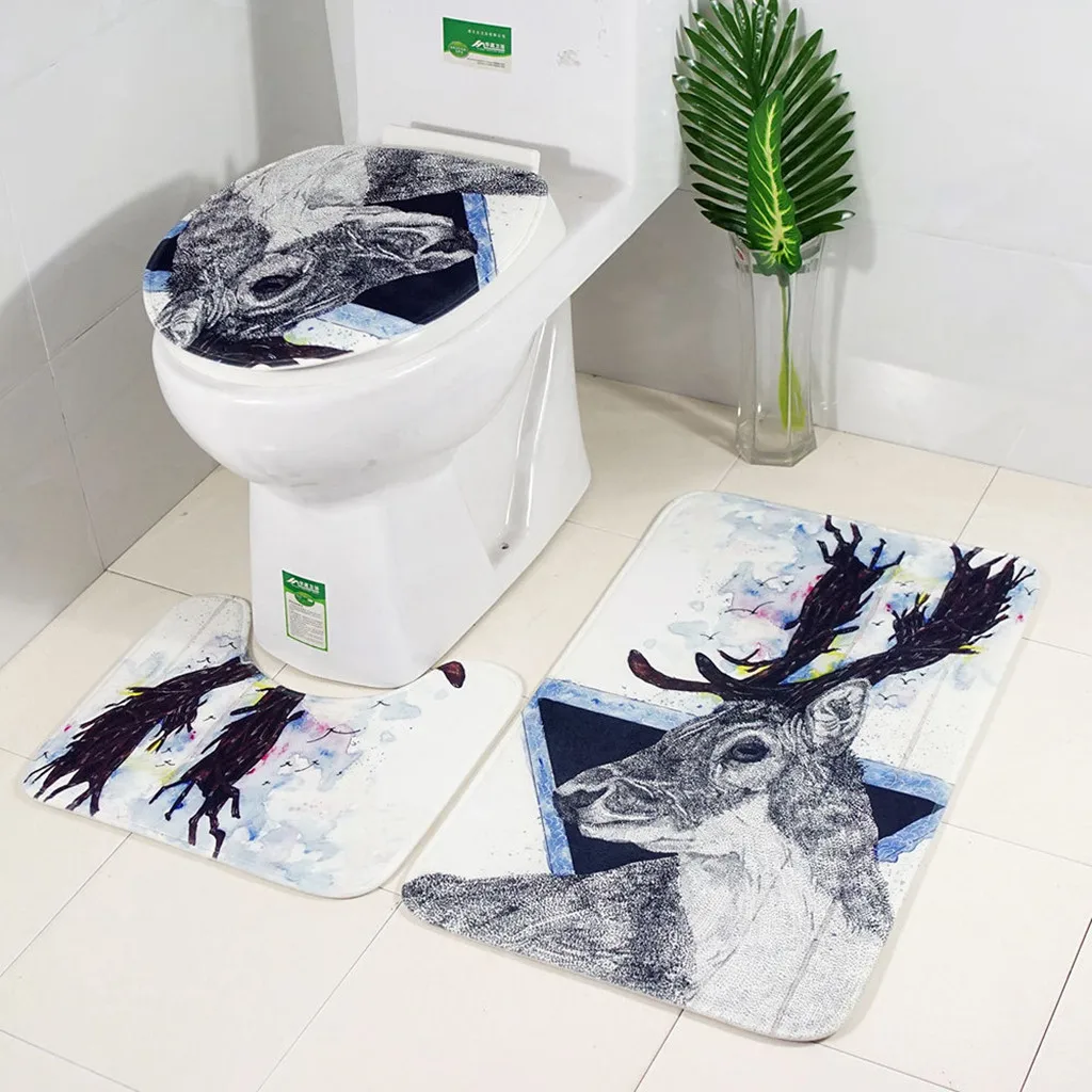

3Pcs Christmas Reindeer Sled Bathroom Pedestal Rug + Lid Toilet Cover + Bath Mat Set Non-Slip Home Bath Decor Soft Carpet Rug