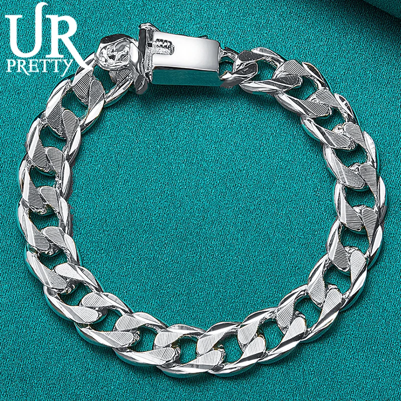 

URPRETTY 925 Sterling Silver 10mm Sideways Square Buckle With Matte Chain Bracelet For Man Women Wedding Party Jewelry Gift