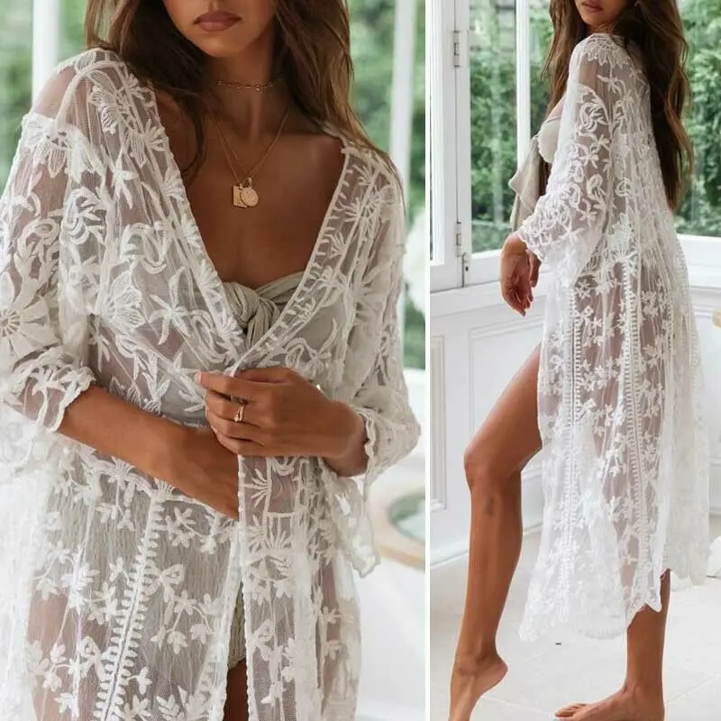 Women's Sexy Solid Color Floral Lace Embroidery Long Sleeve Cardigan Bikini Cover Up Summer Holiday Beachwear Long Cover-Ups
Women's Sexy Solid Color Floral Lace Embroidery Long Sleeve Cardigan Bikini Cover Up Summer Holiday Beachwear Long Cover-Ups