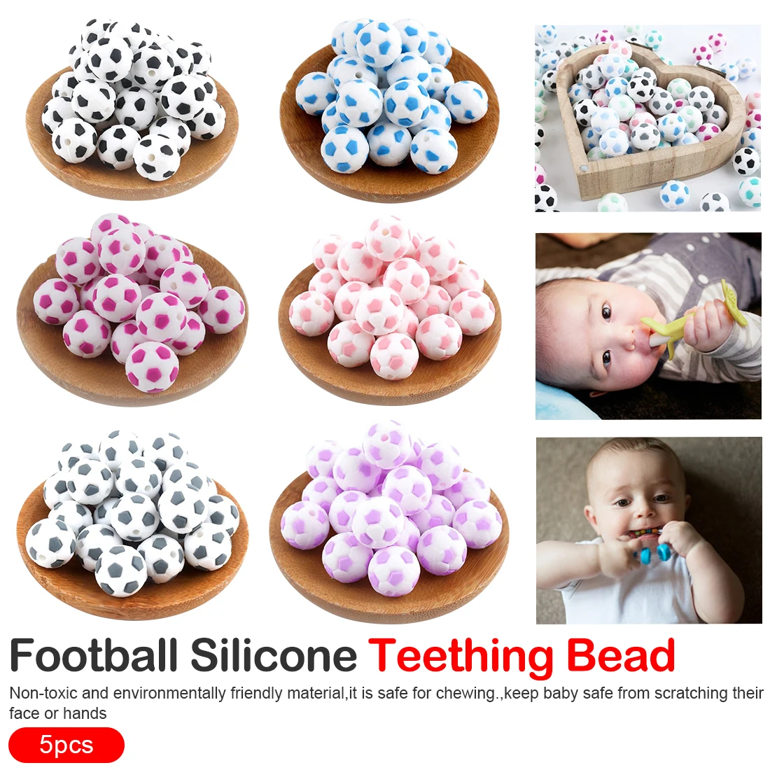 Football Baby Teether Silicone Beads 5PCS Food Grade Pacifier Clips DIY Teething Toy Latex Silicone Bead
Football Baby Teether Silicone Beads 5PCS Food Grade Pacifier Clips DIY Teething Toy Latex Silicone Bead