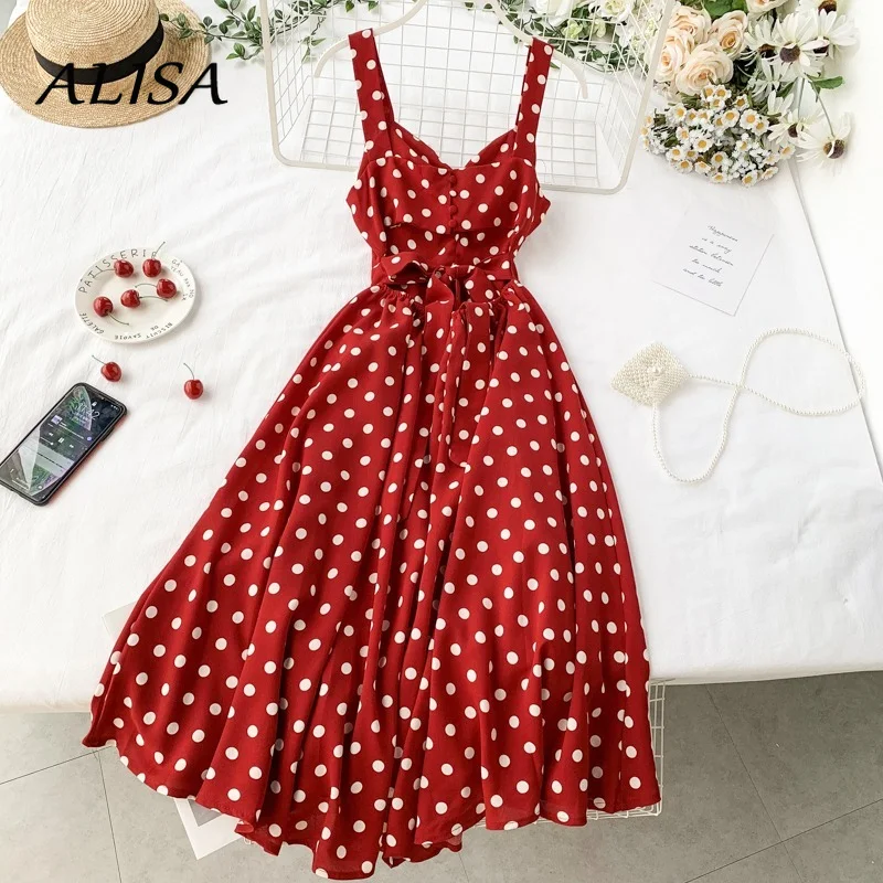 

Women Vintage Polka Dot Dress New Summer Sexy V Neck Backless Party Dresses Vestidos Ladies Spaghetti Strap Beach Long Robe