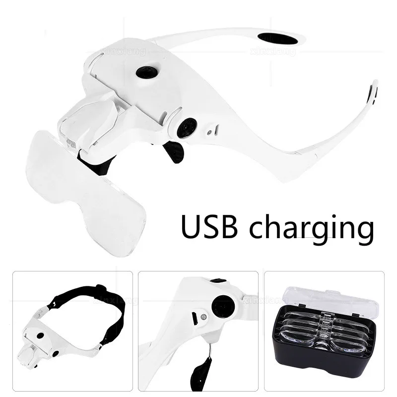 

USB Rechargeable LED Lamp Head-mounted Headband Interchangeable Glasses 5 Multiple Reading Repair Magnifying Glass