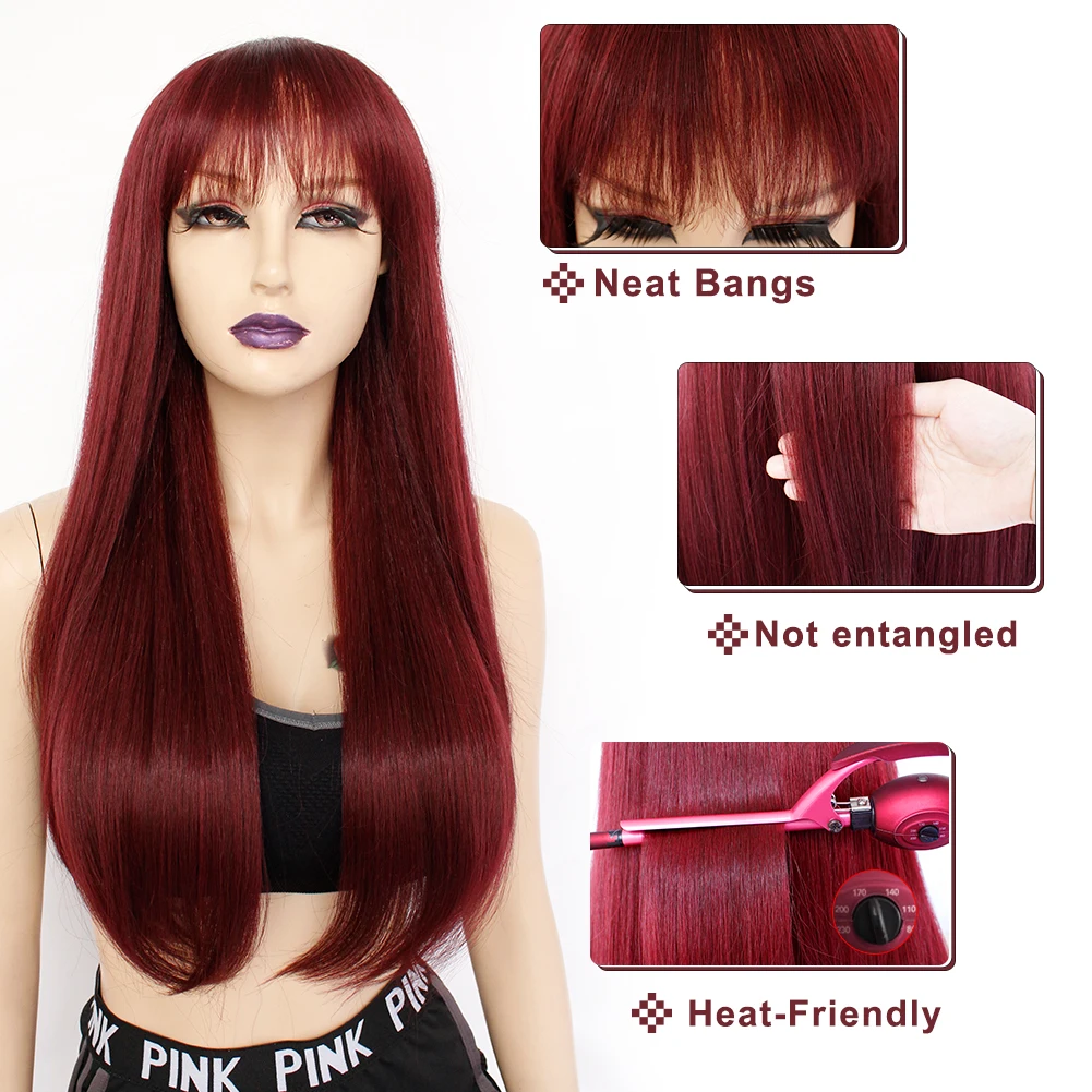 

Anogol Wine Red Long Straight Wig with Side Bang for Women Natural Soft Heat Resistant Synthetic Hair Charming Replacement Wigs