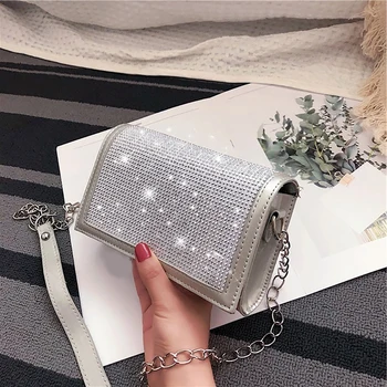 Fashion Silver Satin Women Shoulder Bags Designer Chain Shiny Diamonds Female Crossbody Bags Small Flap Lady Purses Lady Totes 
Fashion Silver Satin Women Shoulder Bags Designer Chain Shiny Diamonds Female Crossbody Bags Small Flap Lady Purses Lady Totes