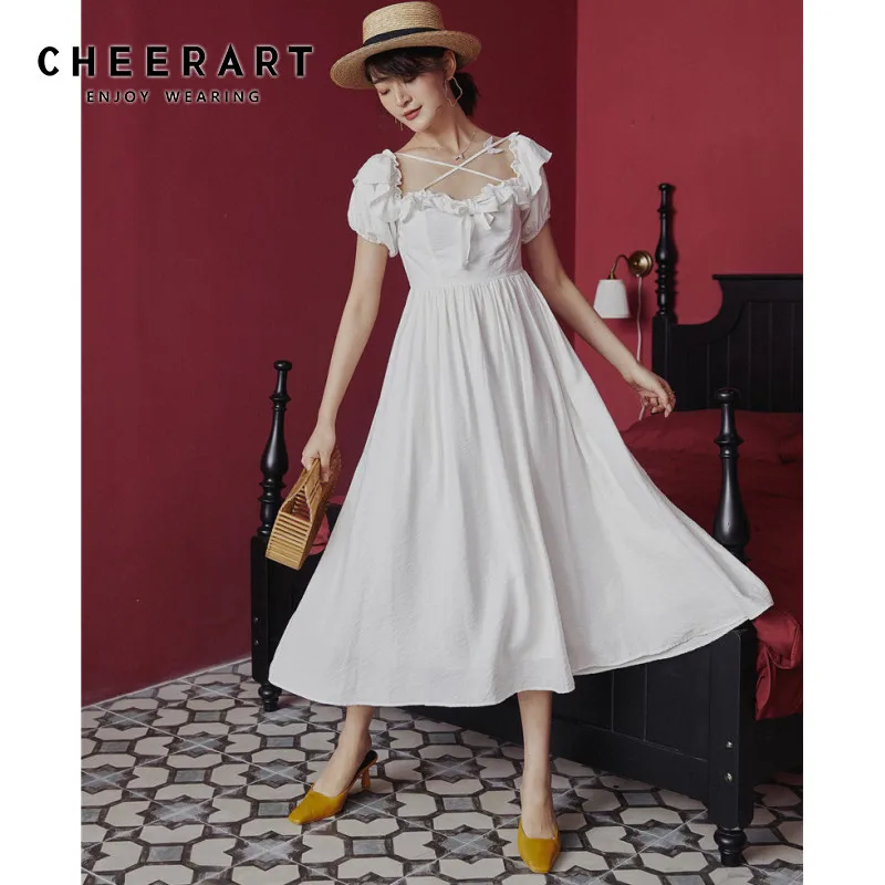 Винтажное платье-миди CHEERART с оборками длинное белое женское летнее