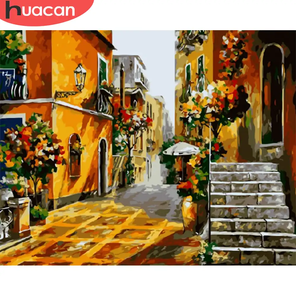 huacan diy oil painting by numbers house scenery kits drawing